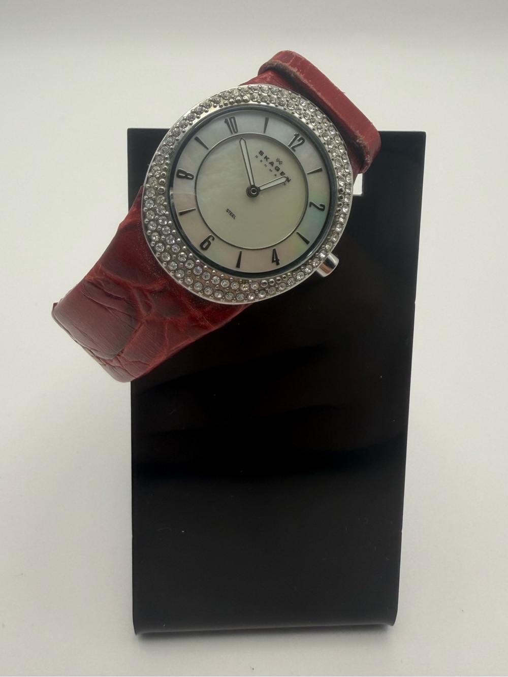 Skagen Women’s Watch with Red Leather Strap and Silver Crystal Bezel